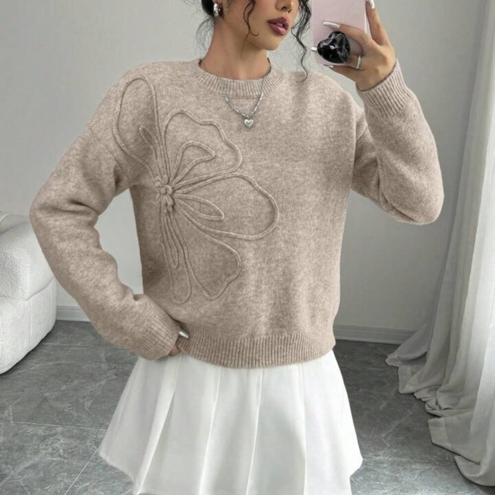 Crew Neck Floral Pattern Solid Color Pullover Swe… - image 2